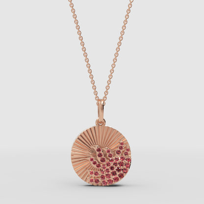 Ruby Sunburst Disc Pendant Necklace With Textured Rays - One