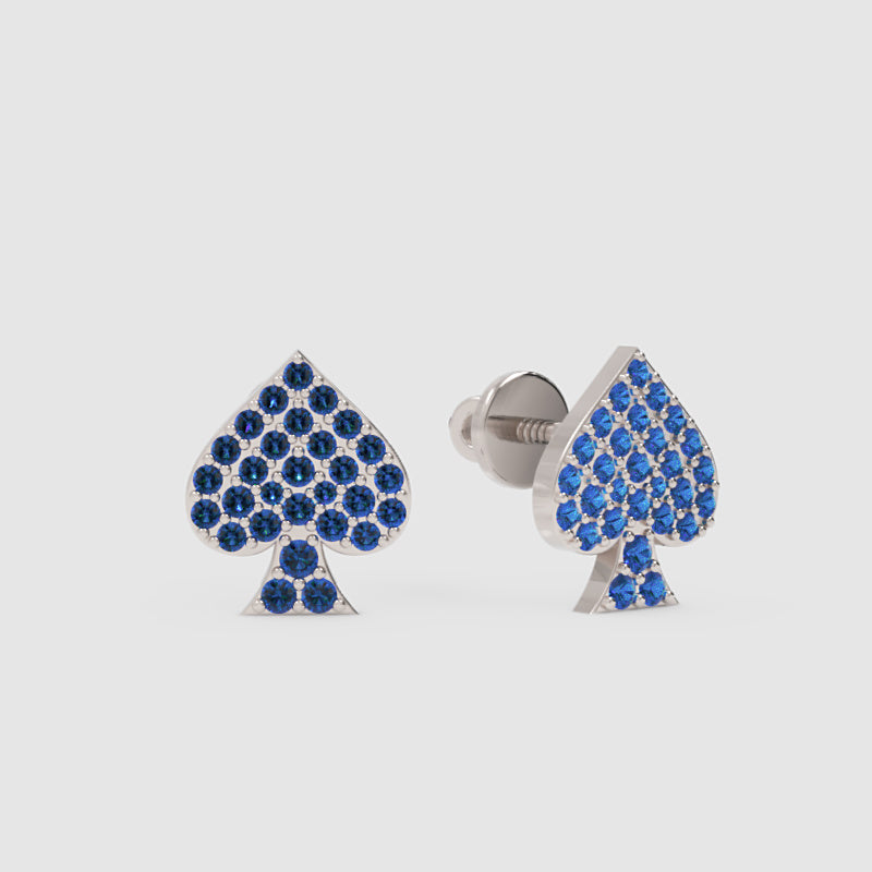 Blue Sapphire Spade Stud Earrings With Screw Back Closure - One