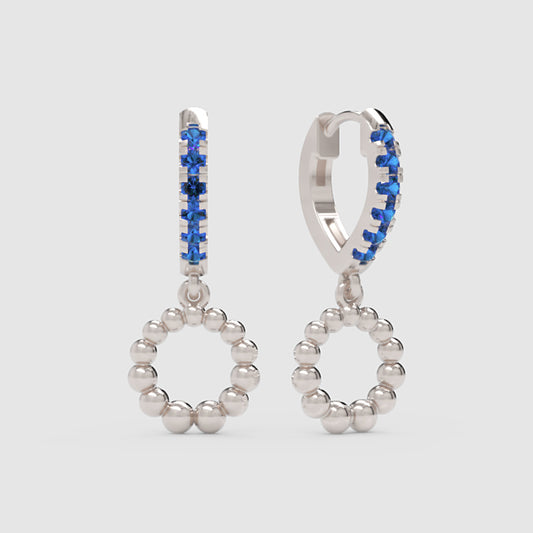 Blue Sapphire Huggie Hoop Earrings with Beaded Circle Drop Charms