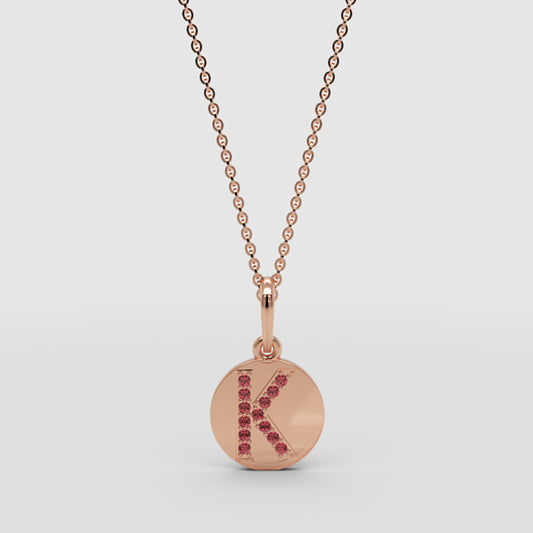 Personalized K Letter Pendant Necklace in Rose Gold with Red Stones