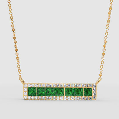 Emerald And Diamond Bar Necklace In Yellow Gold - One