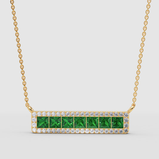 Emerald And Diamond Bar Necklace In Yellow Gold - One