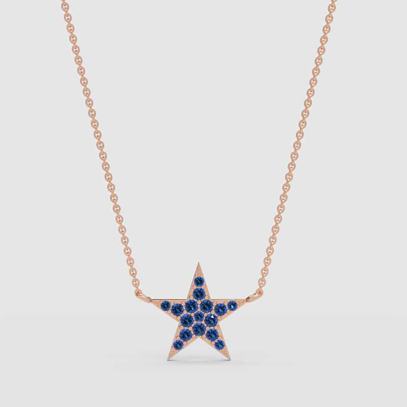 Blue Sapphire Star Pendant Necklace With Rose Tone Chain - One