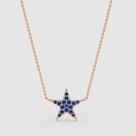 Blue Sapphire Star Pendant Necklace With Rose Tone Chain - One