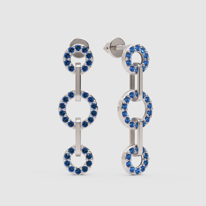 Blue Sapphire Triple Circle Link Drop Earrings - One