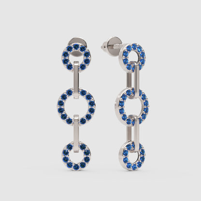 Blue Sapphire Triple Circle Link Drop Earrings - One