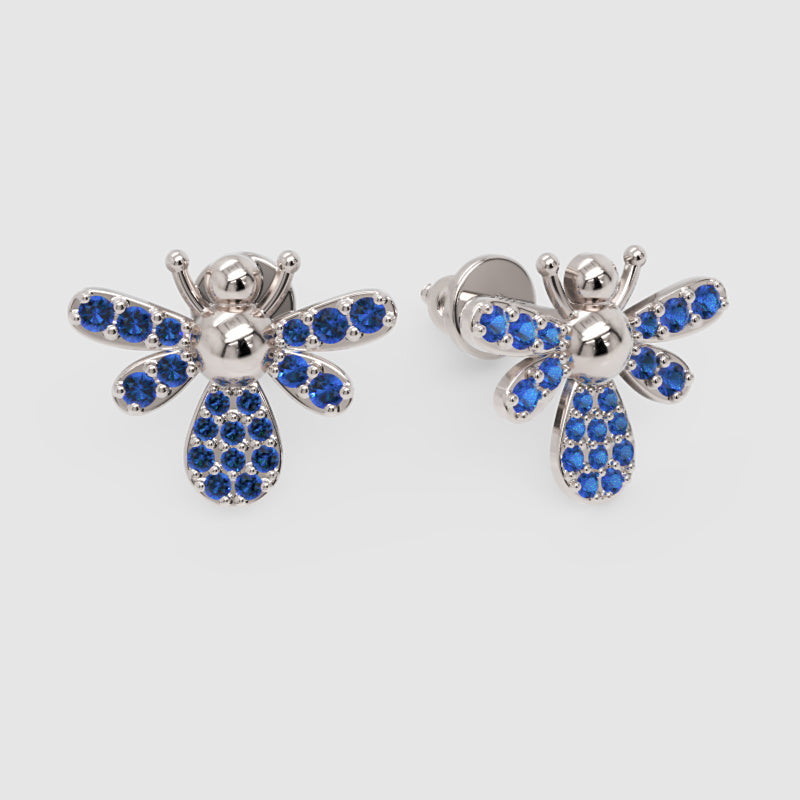 Blue Sapphire Bee Stud Earrings With Pav Wings - Three