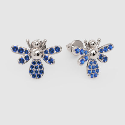 Blue Sapphire Bee Stud Earrings With Pav Wings - Three