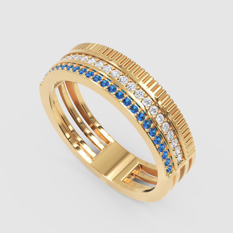 Gold Blue Sapphire Diamond Multi-Row Band Ring – Textured Statement Luxury Ring | Jebij - Three