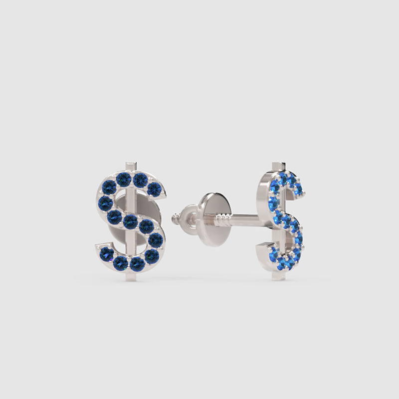 Blue Crystal Dollar Sign Stud Earrings - One