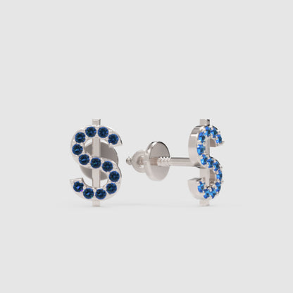 Blue Crystal Dollar Sign Stud Earrings - One