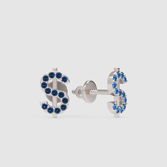 Blue Crystal Dollar Sign Stud Earrings - One