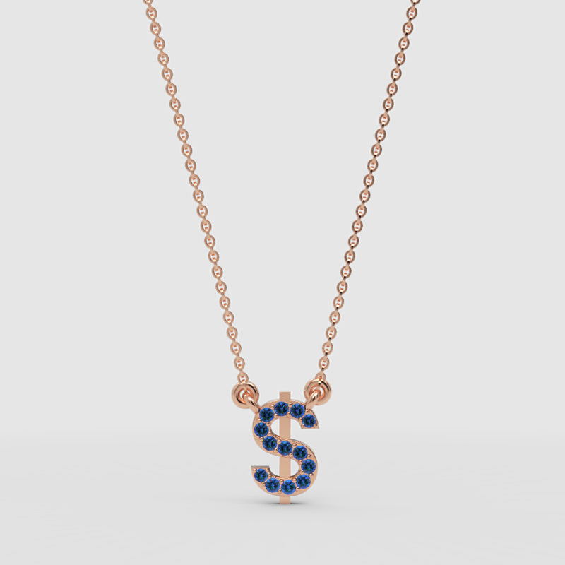Blue Crystal Dollar Sign Pendant Necklace - One