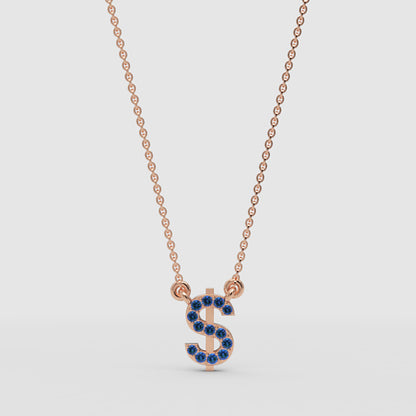 Blue Crystal Dollar Sign Pendant Necklace - One