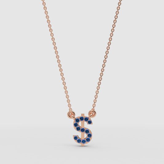 Blue Crystal Dollar Sign Pendant Necklace - One