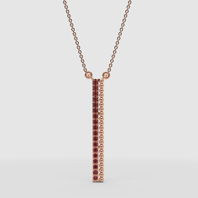 Vertical Bar Pendant Necklace With Red Gemstones And Beaded Detail - One