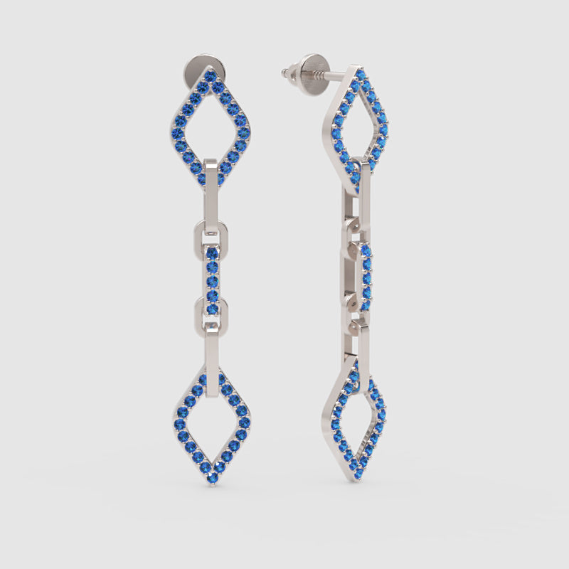 Blue Sapphire Chain Link Drop Earrings With Diamond Shaped Frames - One