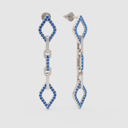 Blue Sapphire Chain Link Drop Earrings With Diamond Shaped Frames - One
