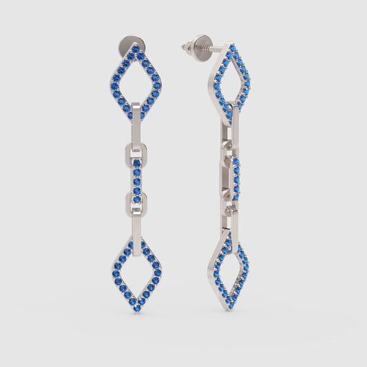 Blue Sapphire Chain Link Drop Earrings With Diamond Shaped Frames - One
