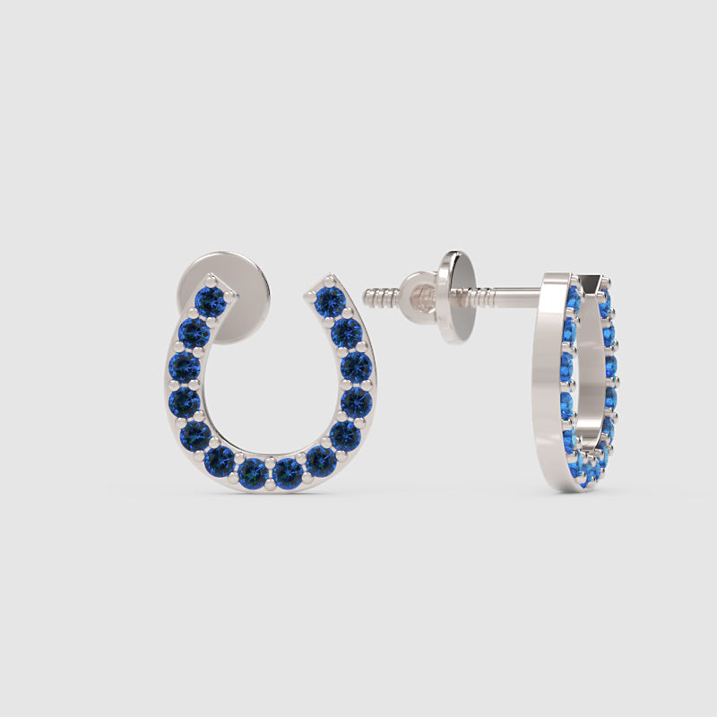 Blue Sapphire Horseshoe Stud Earrings With Screw Back Closure - One