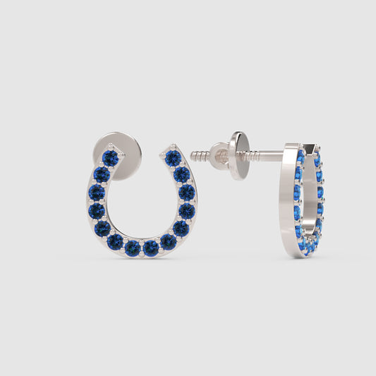 Blue Sapphire Horseshoe Stud Earrings With Screw Back Closure - One