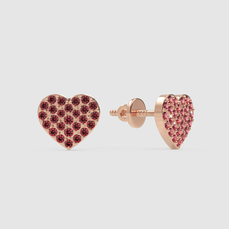 Pav Heart Stud Earrings With Pink Gemstones - One