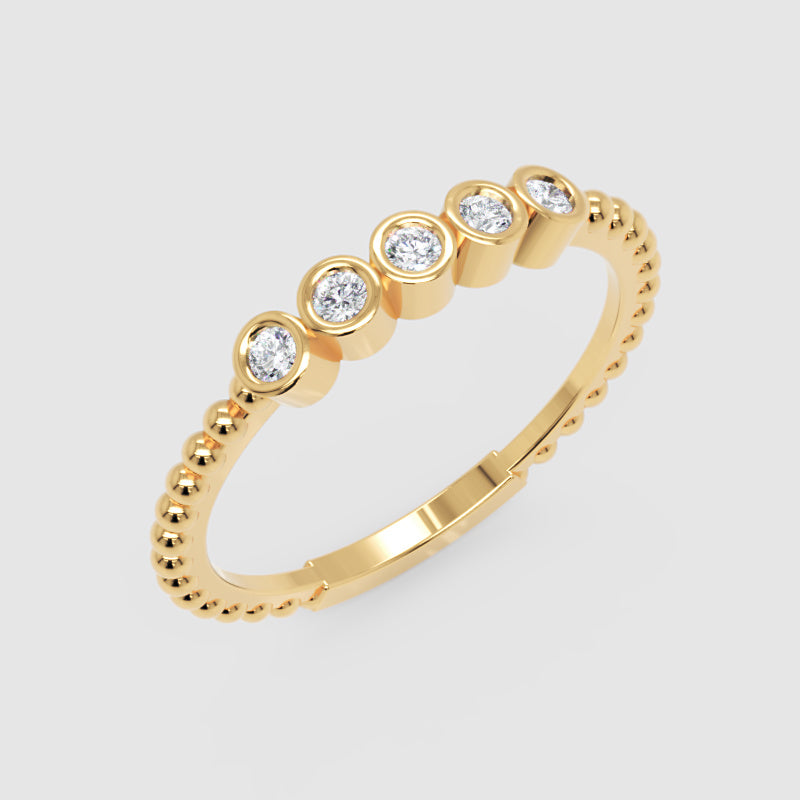 Diamond Bezel Half Band Ring in Gold – Minimal 5 Stone Stackable Ring with Beaded Shank | Jebij