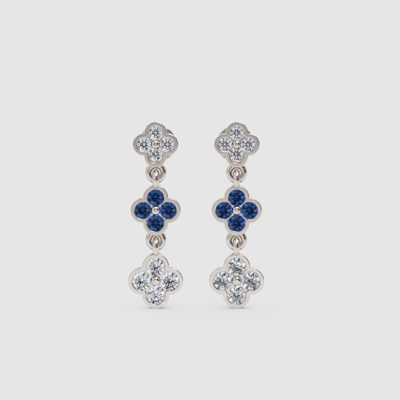 Rose Gold Diamond And Blue Gemstone Clover Drop Earrings - Five