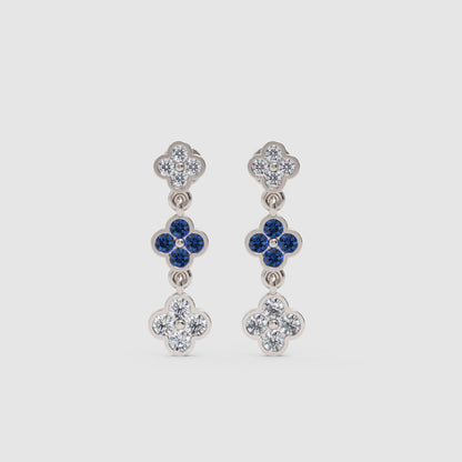 Rose Gold Diamond And Blue Gemstone Clover Drop Earrings - Five
