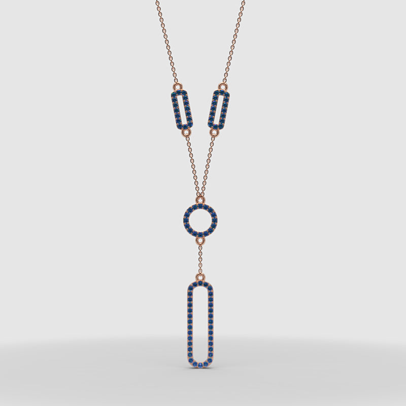 Lab-Grown Blue Sapphire Geometric Drop Y Necklace In Rose Gold | Modern Pave Circle & Bar Design (16–17 Inch Adjustable) | Jebij - One