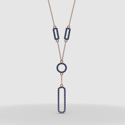 Lab-Grown Blue Sapphire Geometric Drop Y Necklace In Rose Gold | Modern Pave Circle & Bar Design (16–17 Inch Adjustable) | Jebij - One