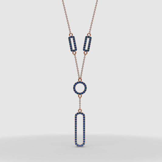 Lab-Grown Blue Sapphire Geometric Drop Y Necklace In Rose Gold | Modern Pave Circle & Bar Design (16–17 Inch Adjustable) | Jebij - One