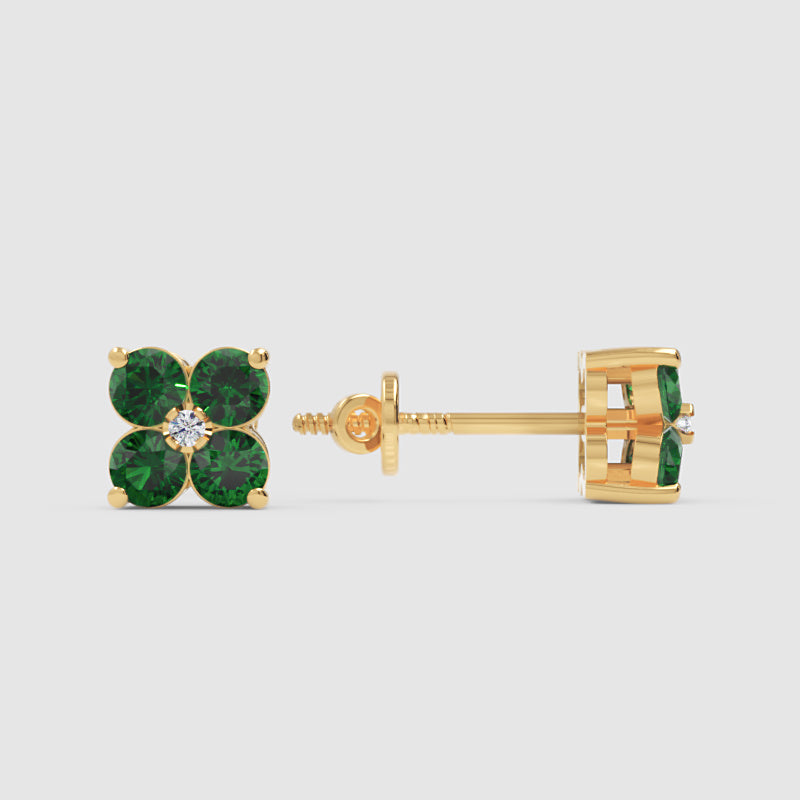 Emerald And Diamond Clover Stud Earrings - Five