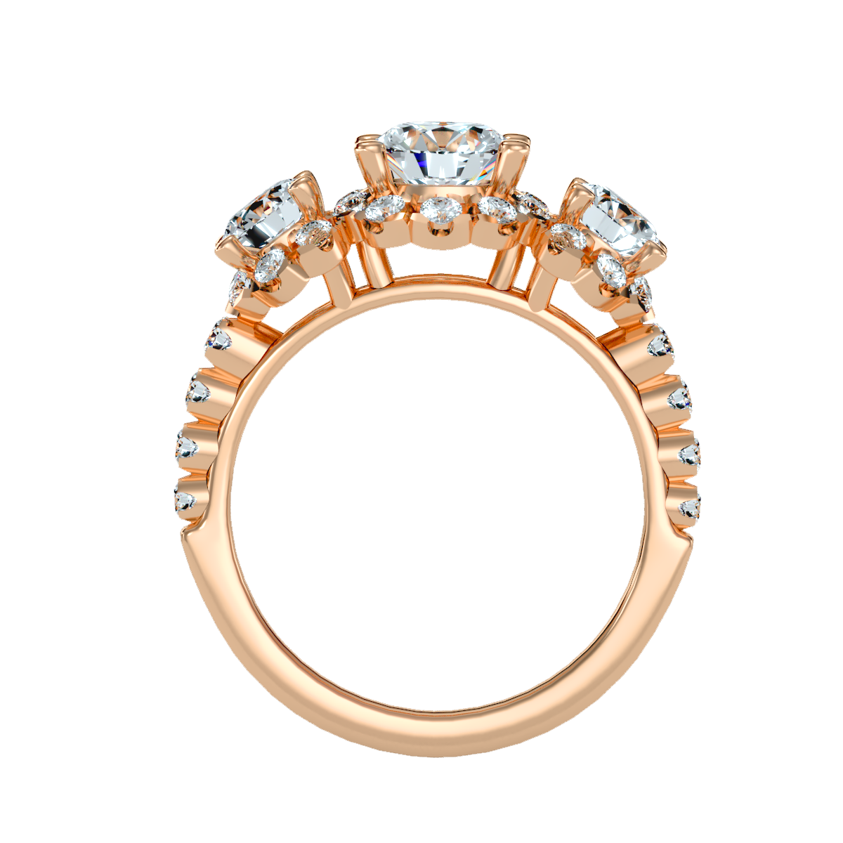 Rose Gold Three Stone Diamond Engagement Ring With Halo And Pav Band - One