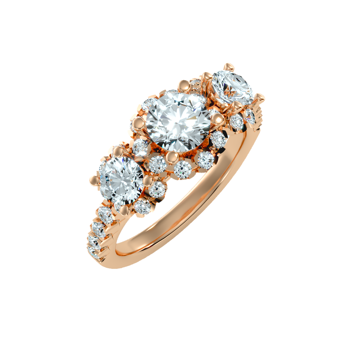 Rose Gold Three Stone Diamond Engagement Ring With Halo And Pav Band - Three