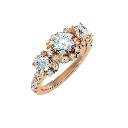 Rose Gold Three Stone Diamond Engagement Ring With Halo And Pav Band - Three