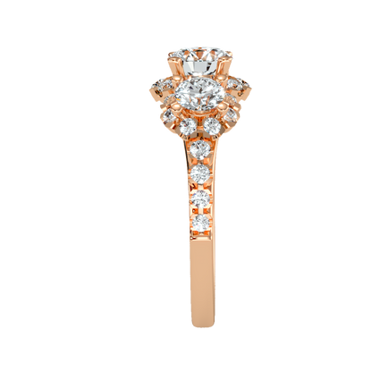 Rose Gold Three Stone Diamond Engagement Ring With Halo And Pav Band - Four