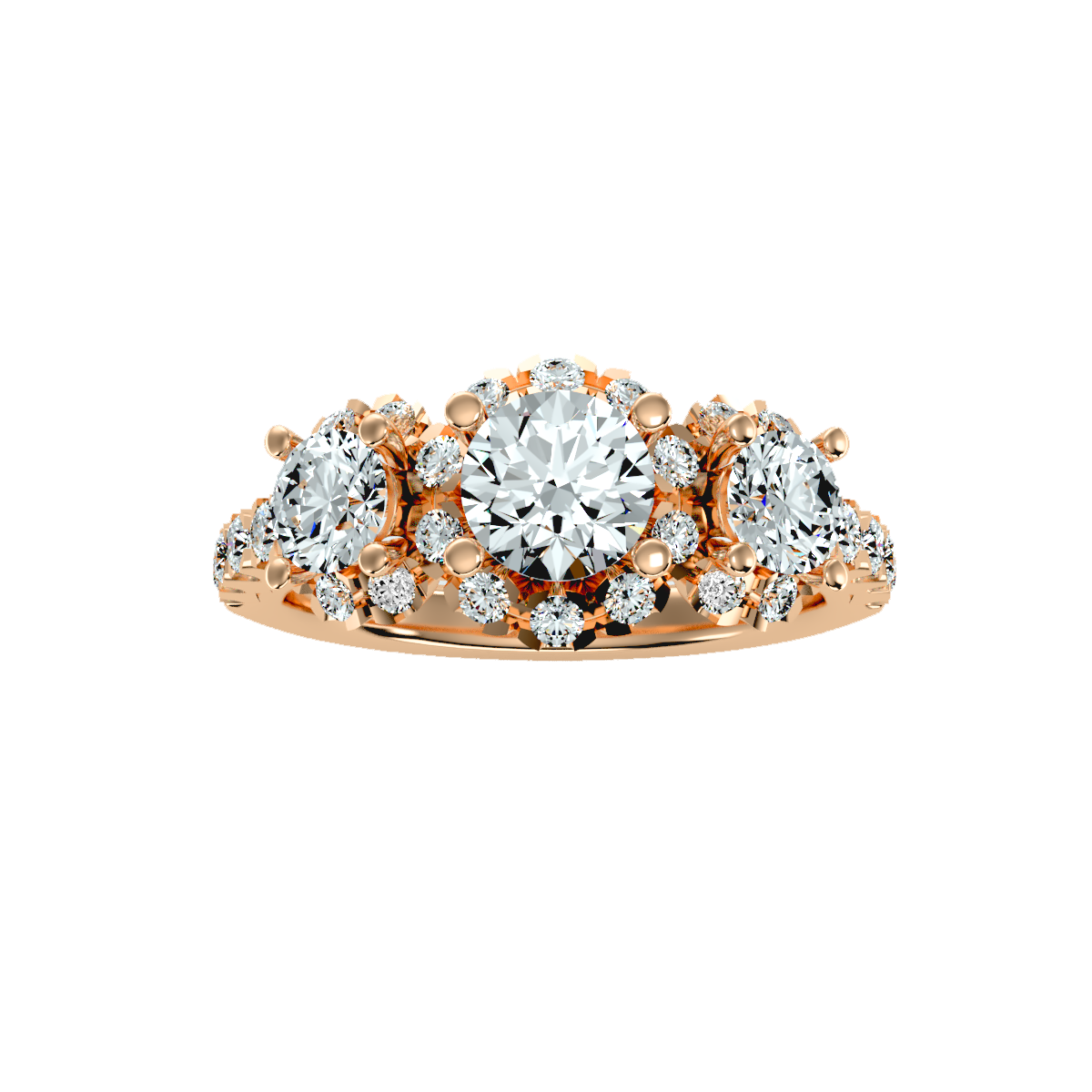 Rose Gold Three Stone Diamond Engagement Ring With Halo And Pav Band - Five