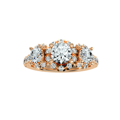 Rose Gold Three Stone Diamond Engagement Ring With Halo And Pav Band - Five