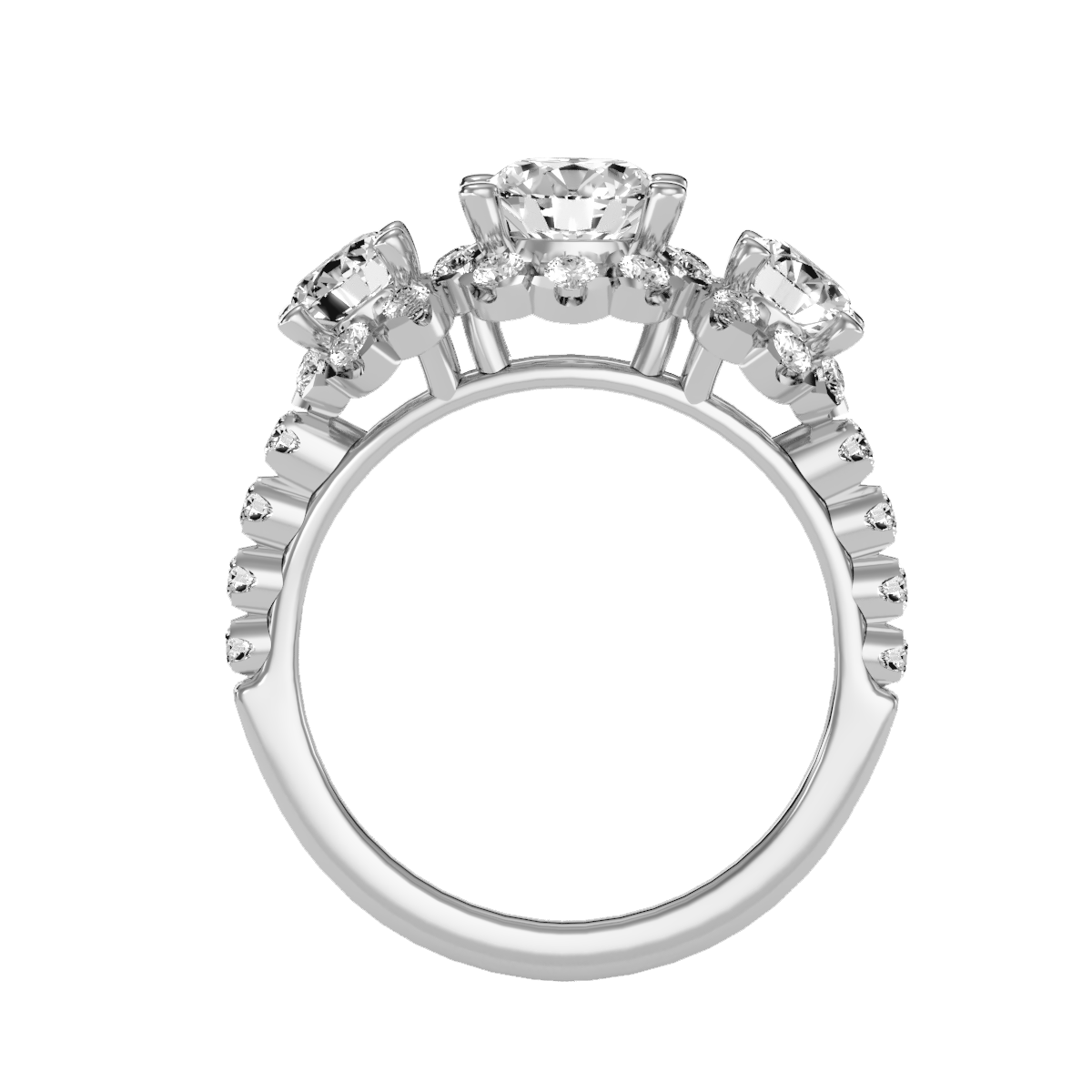 Rose Gold Three Stone Diamond Engagement Ring With Halo And Pav Band - Six