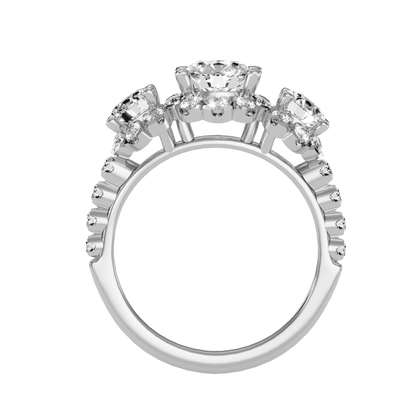 Rose Gold Three Stone Diamond Engagement Ring With Halo And Pav Band - Six