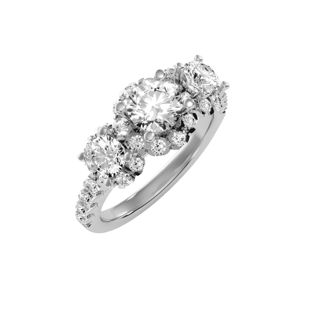 Rose Gold Three Stone Diamond Engagement Ring With Halo And Pav Band - Seven
