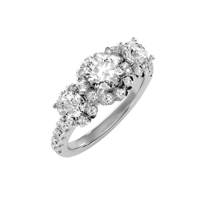 Rose Gold Three Stone Diamond Engagement Ring With Halo And Pav Band - Seven