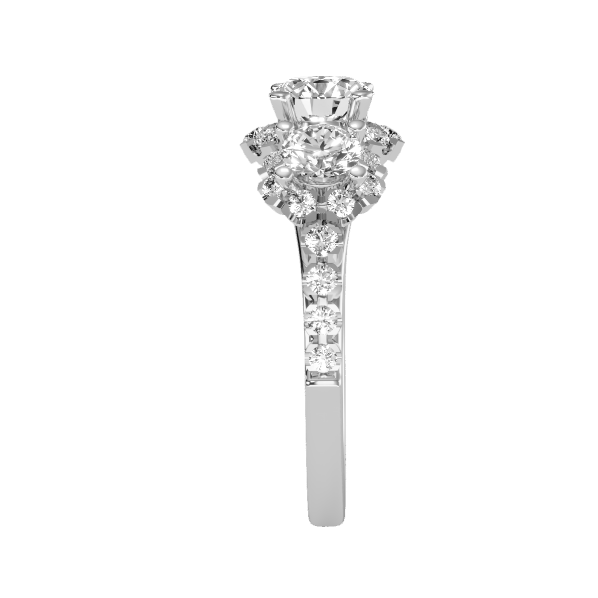 Rose Gold Three Stone Diamond Engagement Ring With Halo And Pav Band - Eight