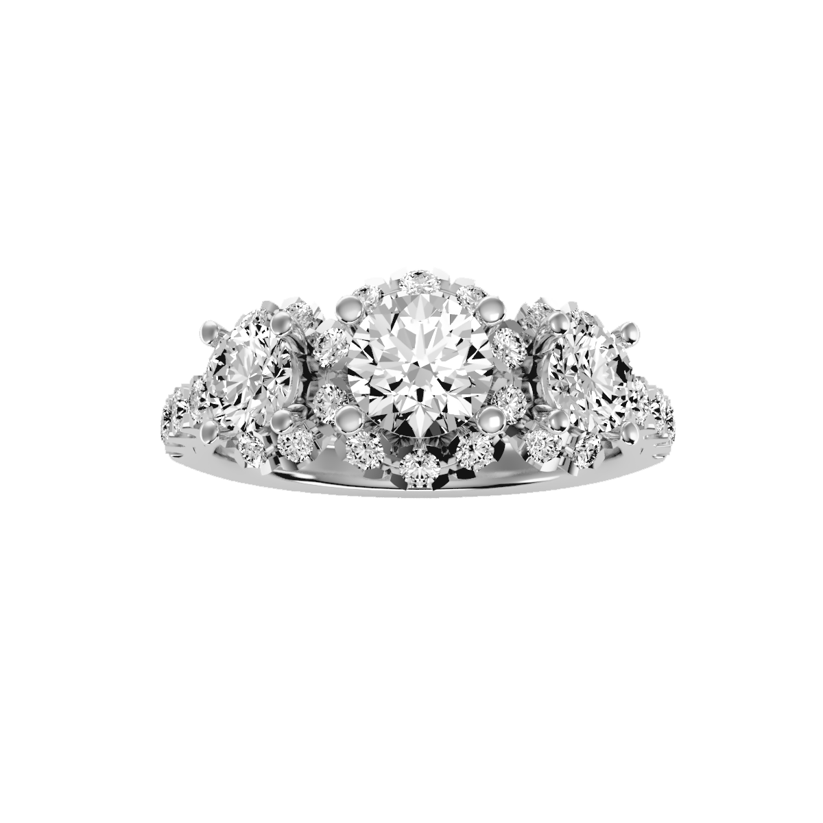 Rose Gold Three Stone Diamond Engagement Ring With Halo And Pav Band - Nine