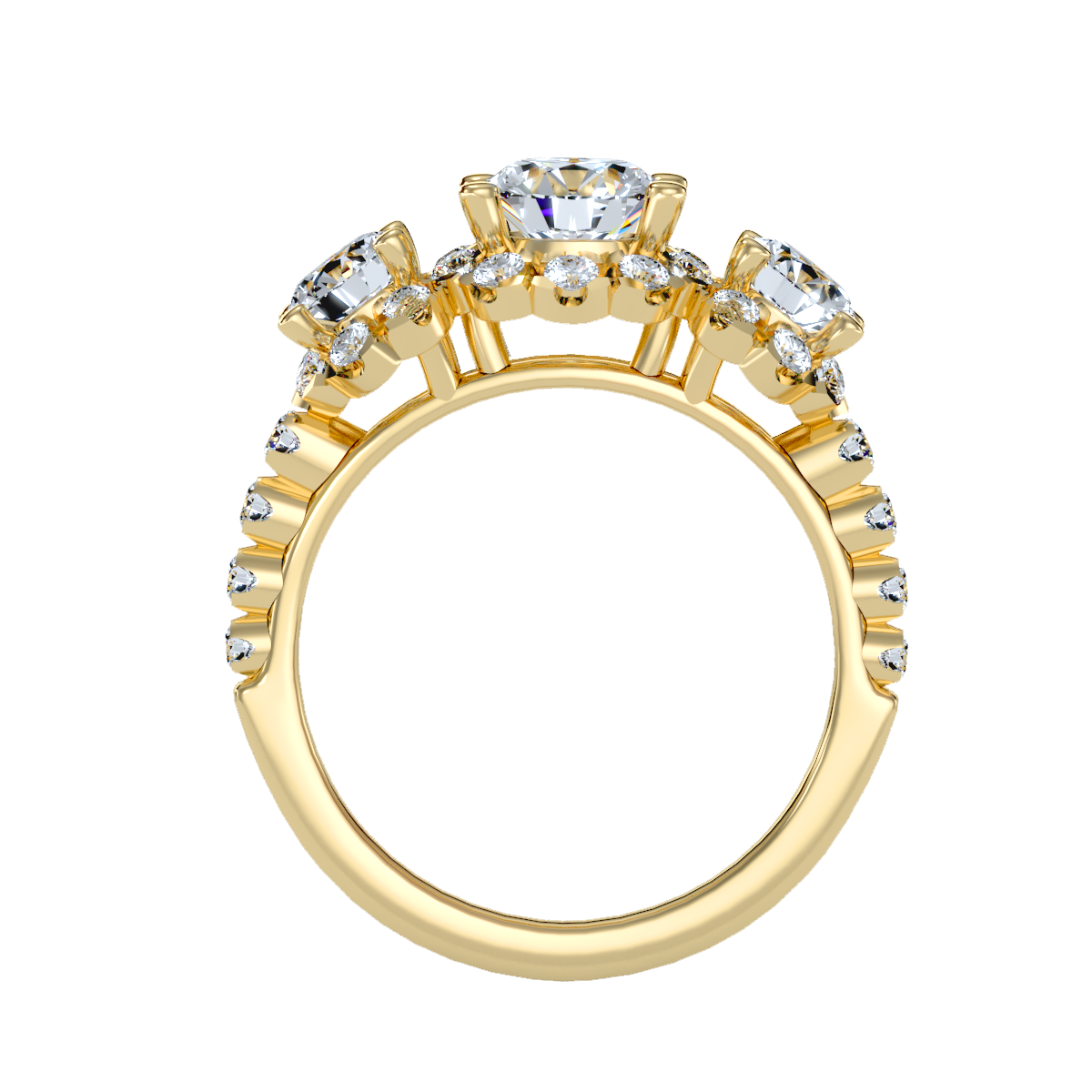 Rose Gold Three Stone Diamond Engagement Ring With Halo And Pav Band - Ten