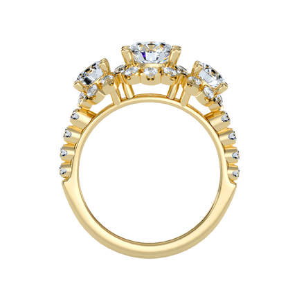 Rose Gold Three Stone Diamond Engagement Ring With Halo And Pav Band - Ten