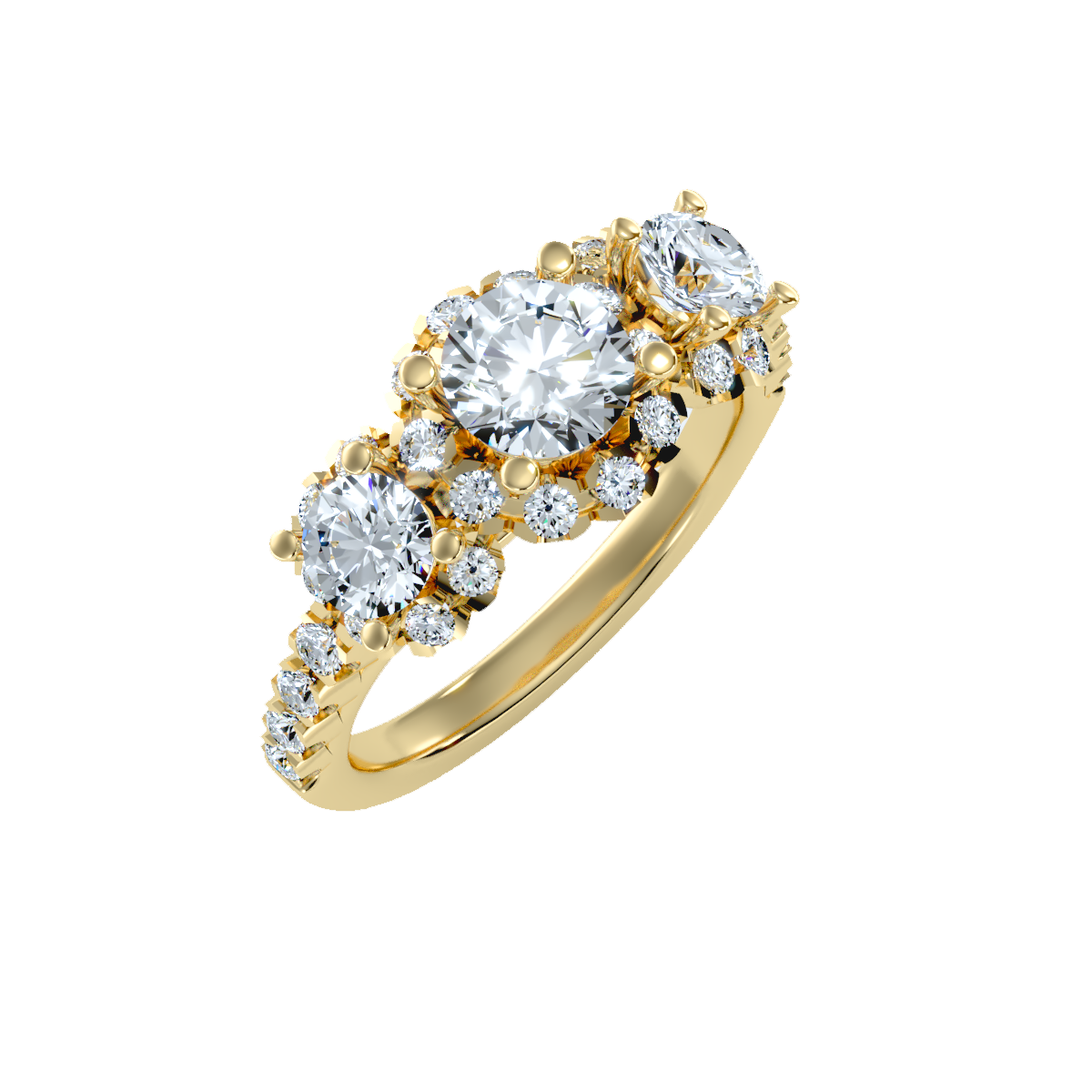 Rose Gold Three Stone Diamond Engagement Ring With Halo And Pav Band - Eleven