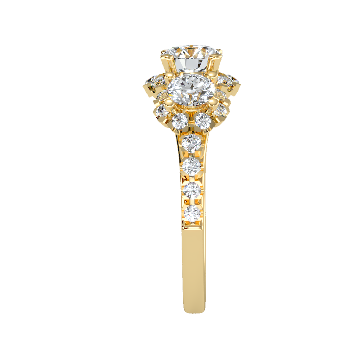 Rose Gold Three Stone Diamond Engagement Ring With Halo And Pav Band - Twelve