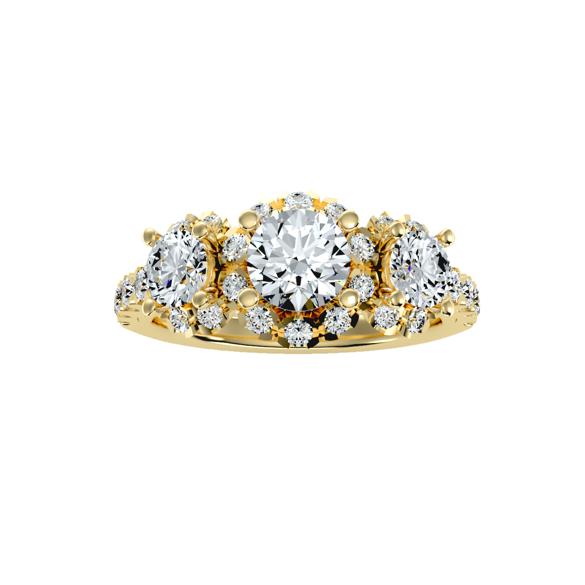 Rose Gold Three Stone Diamond Engagement Ring With Halo And Pav Band - Thirteen